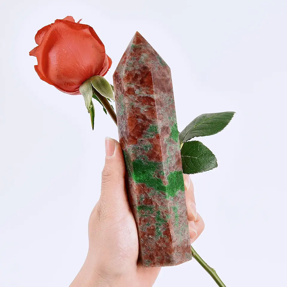8" Red Green Strawberry Quartz Crystal Wand Hexagonal Gemstone Tower U8214