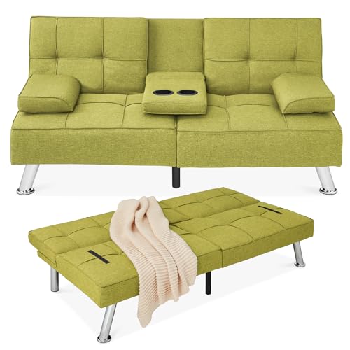 Gray Linen Folding Futon Sofa Bed with Cupholders V107