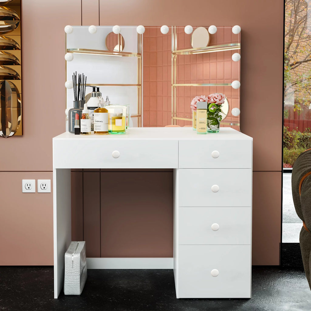 Modern White Vanity Desk with 5 Drawers U4659