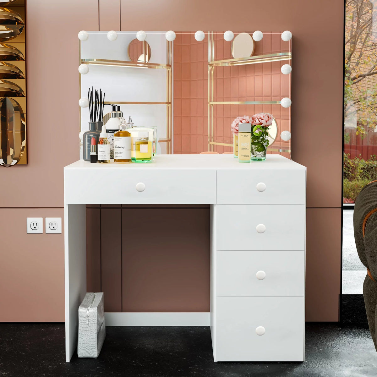 Modern White Vanity Desk with 5 Drawers U4659
