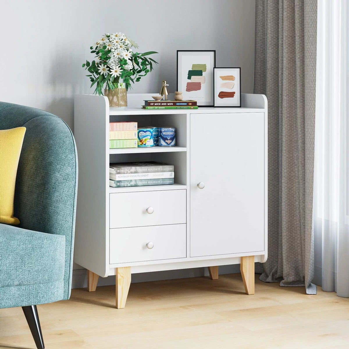 White Wooden Floor Storage Cabinet with Door and Drawers O409