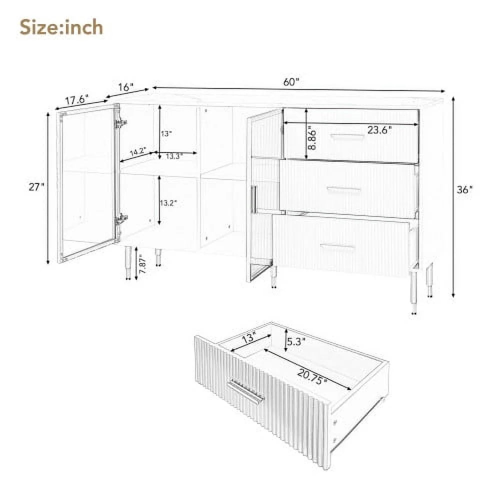 Modern MDF Buffet Cabinet with Marble Sticker Tabletop and Tempered Glass Doors O940171