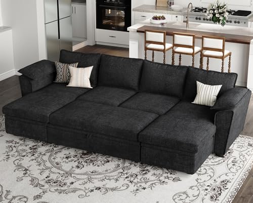 Oversized Modular Sectional Sleeper Sofa with Pull Out Bed and Storage Ottomans Chenille Black H9854