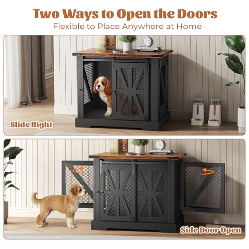 40" Heavy Duty Dog Crate Furniture with Double Doors Black L2403