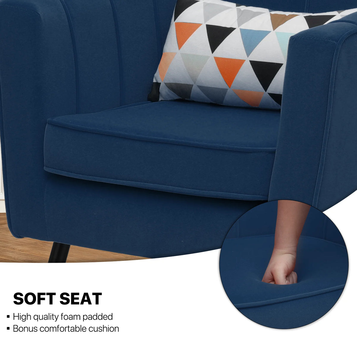 Navy Blue Upholstered Barrel Chair with Pillow U39128