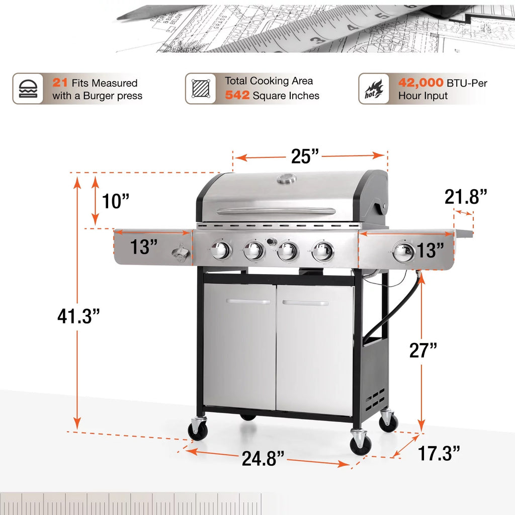 4 Burner Propane Gas Grill with Side Burner Stainless Steel G96453