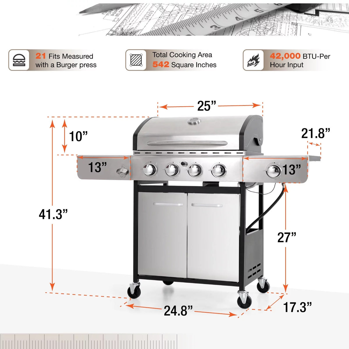 4 Burner Propane Gas Grill with Side Burner Stainless Steel G96453