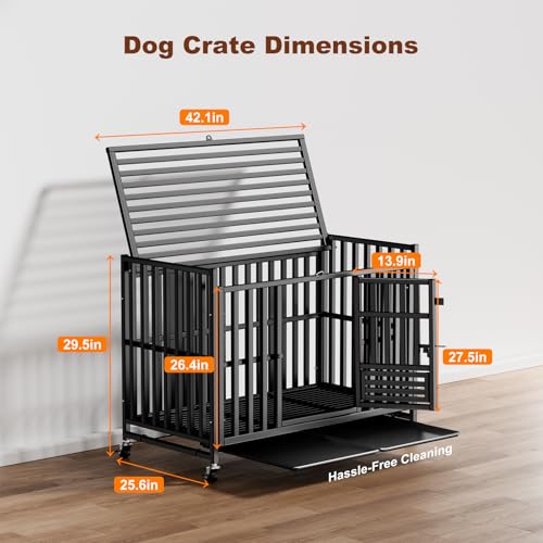 42 Inch Heavy Duty Dog Crate with 3 Doors and 4 Lockable Wheels B481927