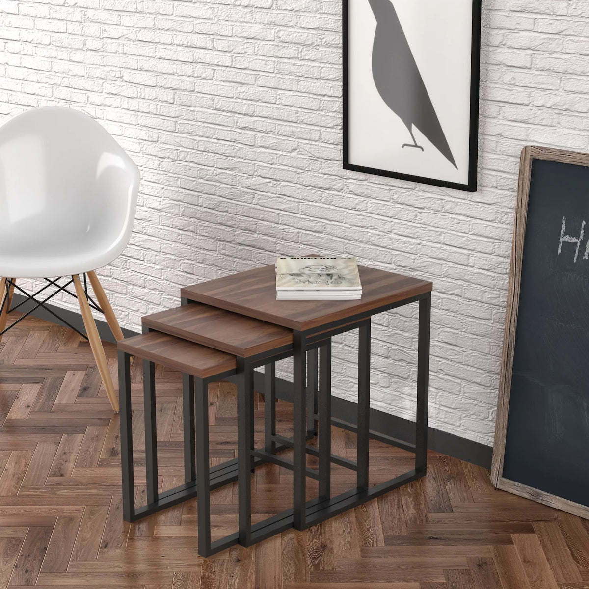 3 pcs Nesting Table Metal Legs Wood Top Walnut C637079
