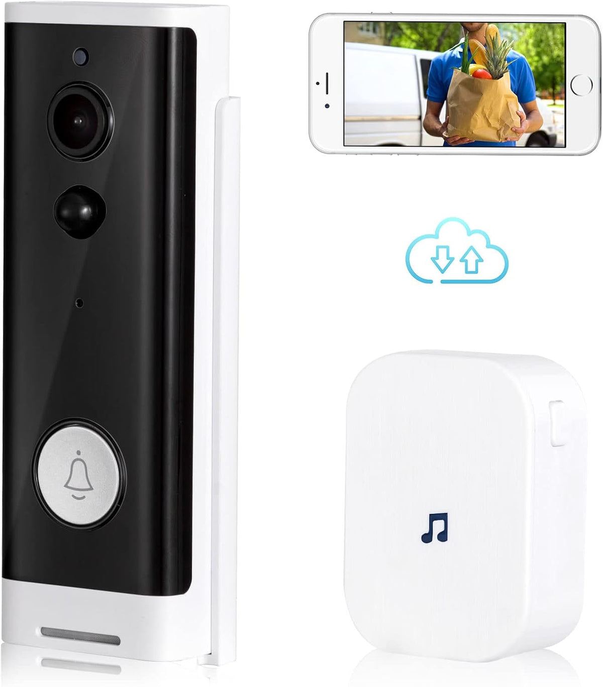 Wireless HD Video Camera Doorbell with Chime, 2-Way Audio, Rechargeable Battery, Night Vision, IP65 Waterproof Z556722