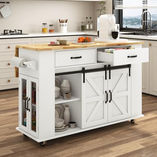 59" Kitchen Island with Power Outlet, Drop Leaf, Spice Rack, Drawers and Adjustable Shelves J2991
