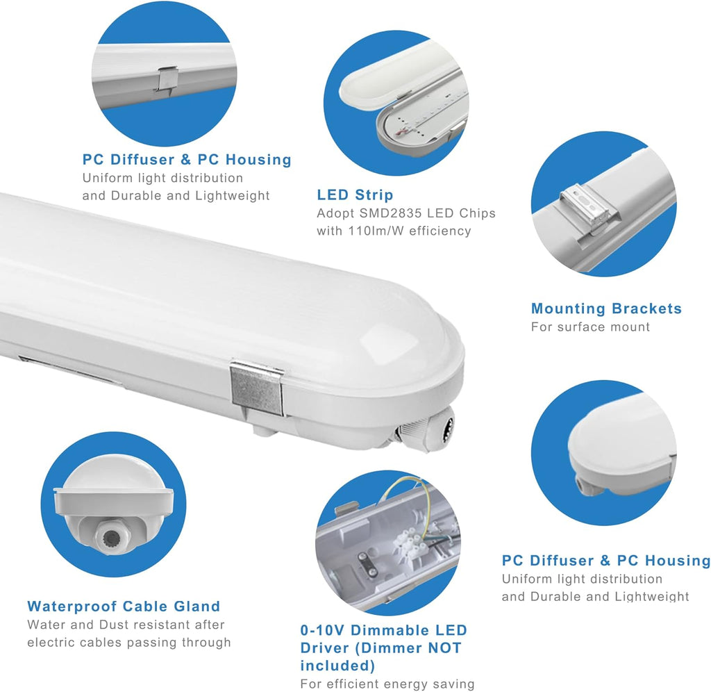 4 Pack 4FT 40W LED Vapor Tight Light, 4400 Lumens 5000K, IP65 Waterproof, 0-10V Dimmable J112