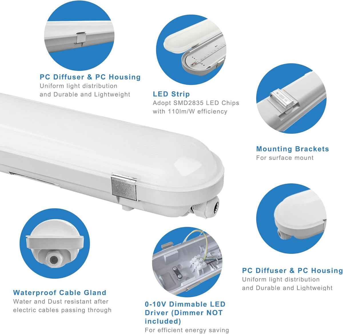 4 Pack 4FT 40W LED Vapor Tight Light, 4400 Lumens 5000K, IP65 Waterproof, 0-10V Dimmable J112