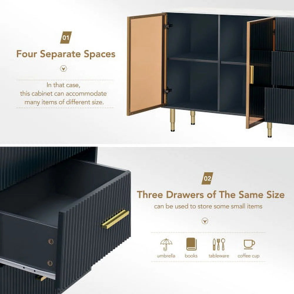 Modern MDF Buffet Cabinet with Marble Sticker Tabletop and Tempered Glass Doors O940171