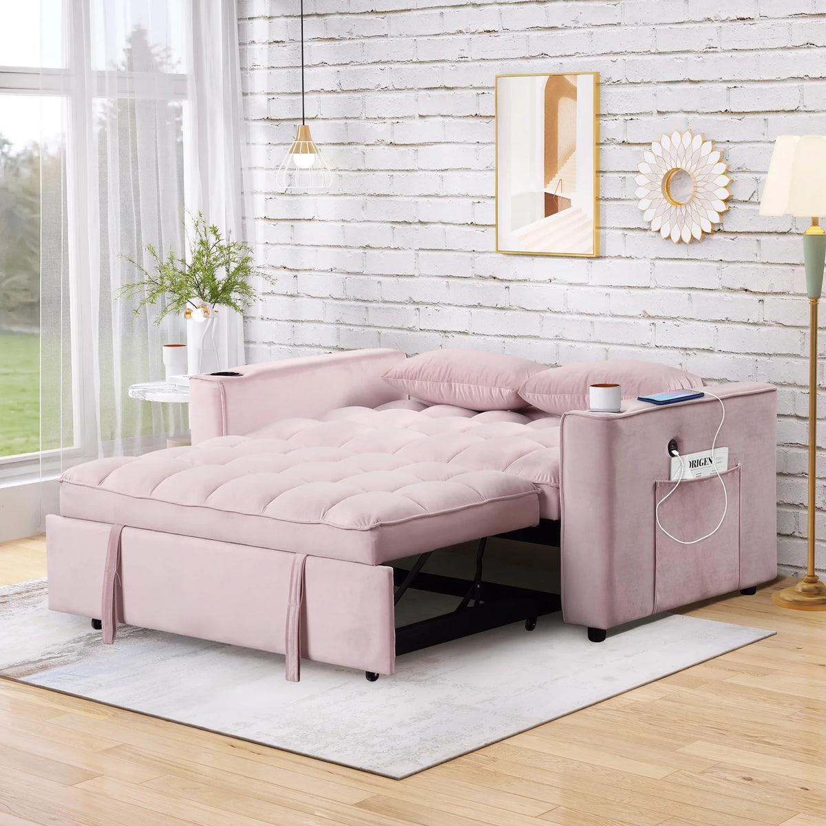 Convertible Sleeper Sofa Bed with Cup Holder and USB Charging Ports X454145