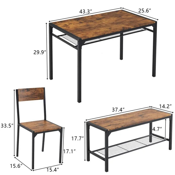 4 Piece Dining Table Set with 2 Chairs and Bench E9339
