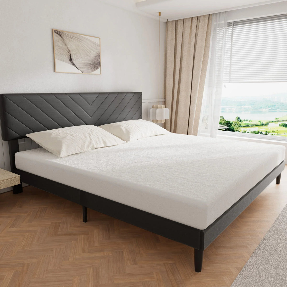 King Size Upholstered Platform Bed Frame with Adjustable Headboard and Wood Slats J9188