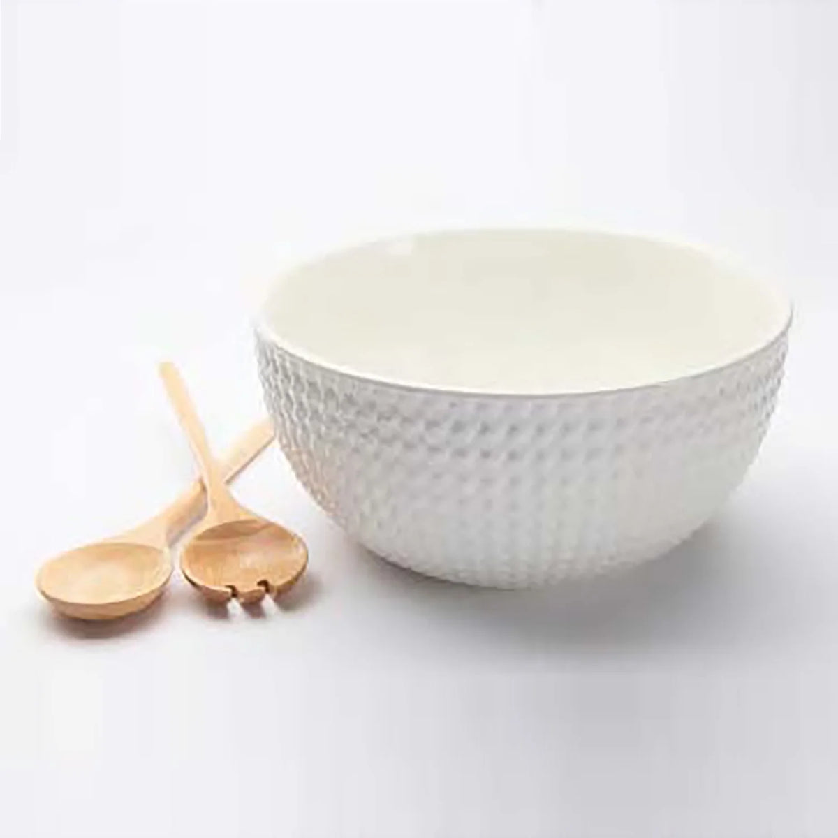 Large White Ceramic Serving Bowl with Wooden Utensils D5856