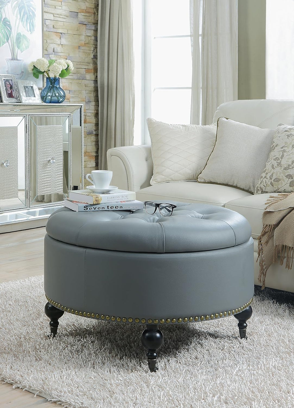 Black PU Button Tufted Round Ottoman U15534