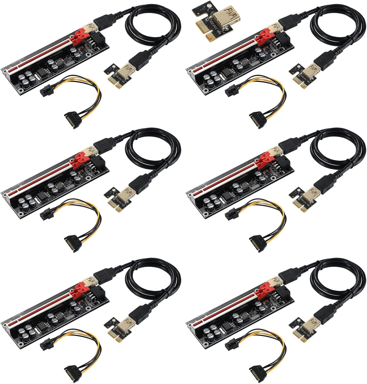 PCI-E 1X to 16X Riser Card with 24in USB 3.0 Extension Cable & 6PIN SATA Power Cable, Black, Pack of 2 L944121