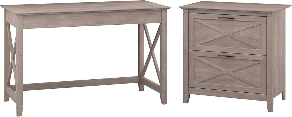 54W Computer Desk with Storage and 2 Drawer Lateral File Cabinet, Pure White Oak E77462