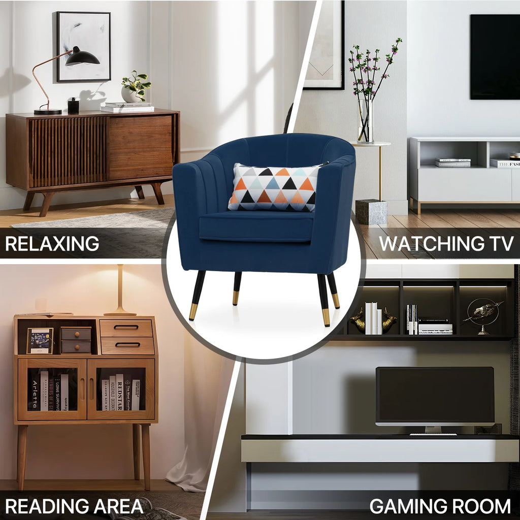 Navy Blue Upholstered Barrel Chair with Pillow U39128
