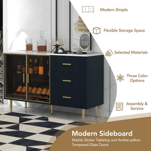 Modern MDF Buffet Cabinet with Marble Sticker Tabletop and Tempered Glass Doors O940171