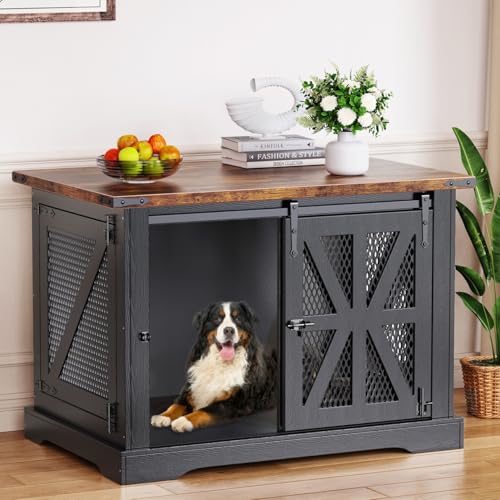 40" Heavy Duty Dog Crate Furniture with Double Doors Black L2403