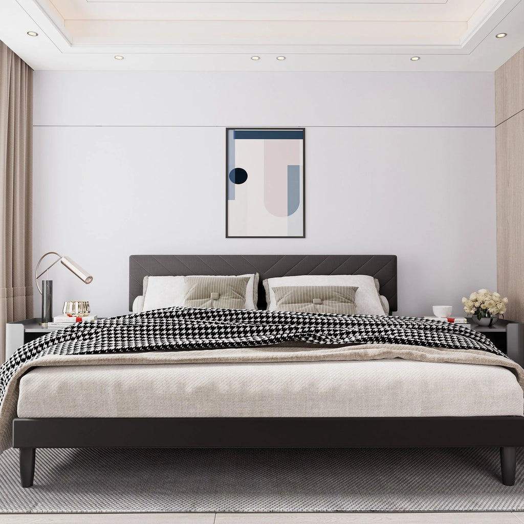 King Size Upholstered Platform Bed Frame with Adjustable Headboard and Wood Slats J9188