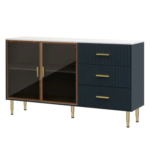 Modern MDF Buffet Cabinet with Marble Sticker Tabletop and Tempered Glass Doors O940171