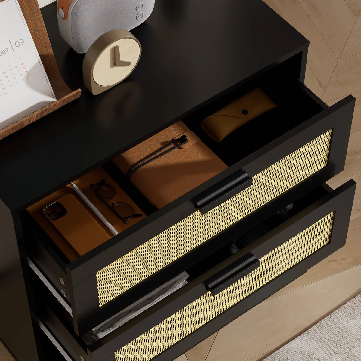 Black 4 Drawer Rattan Dresser I845715
