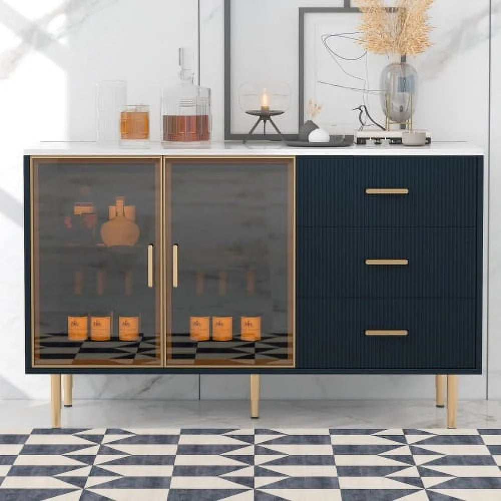 Modern MDF Buffet Cabinet with Marble Sticker Tabletop and Tempered Glass Doors O940171