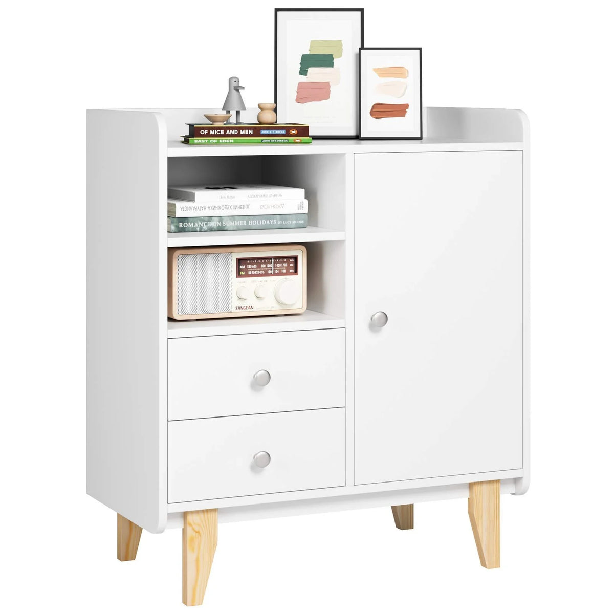 White Wooden Floor Storage Cabinet with Door and Drawers O409