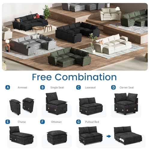Oversized Modular Sectional Sleeper Sofa with Pull Out Bed and Storage Ottomans Chenille Black H9854