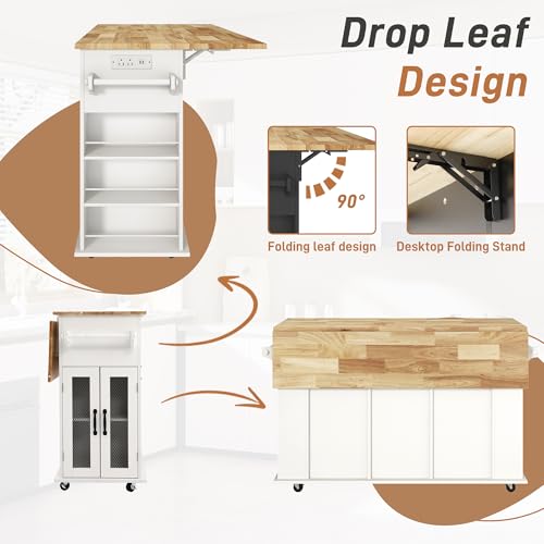 59" Kitchen Island with Power Outlet, Drop Leaf, Spice Rack, Drawers and Adjustable Shelves J2991