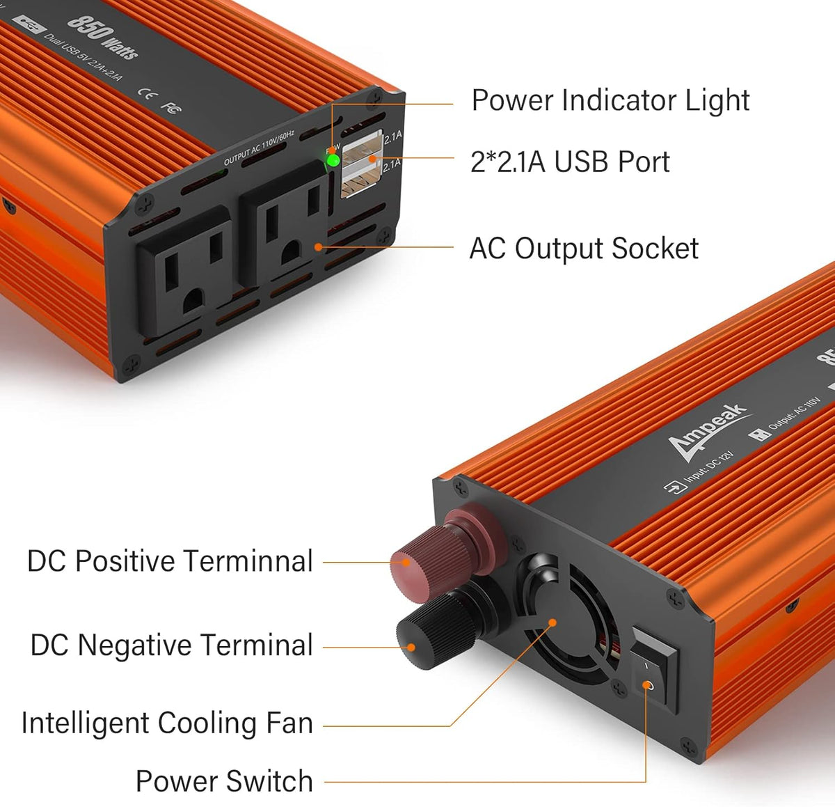 850W Car Power Inverter 12V to 110V 2 USB Ports 2 AC Outlets Pack of 2 A7105