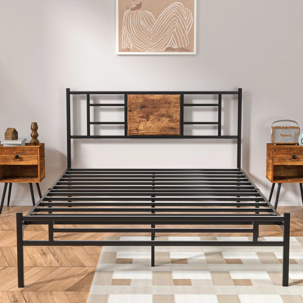 Queen Size Metal Platform Bed Frame with Wood Headboard O66186
