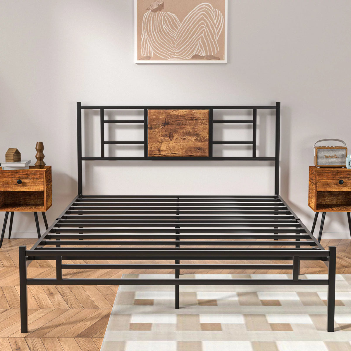 Queen Size Metal Platform Bed Frame with Wood Headboard O66186