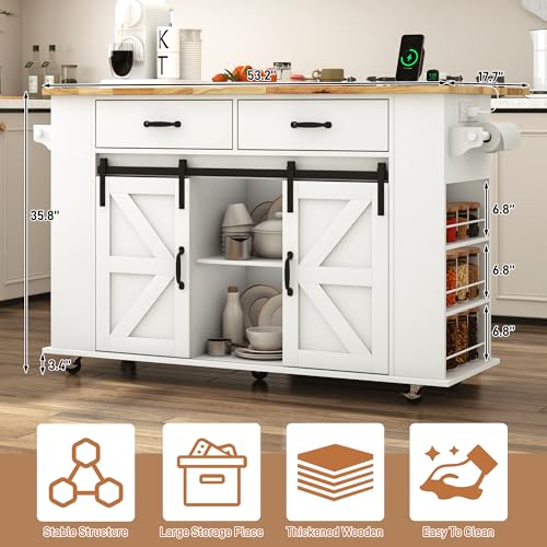 59" Kitchen Island with Power Outlet, Drop Leaf, Spice Rack, Drawers and Adjustable Shelves J2991
