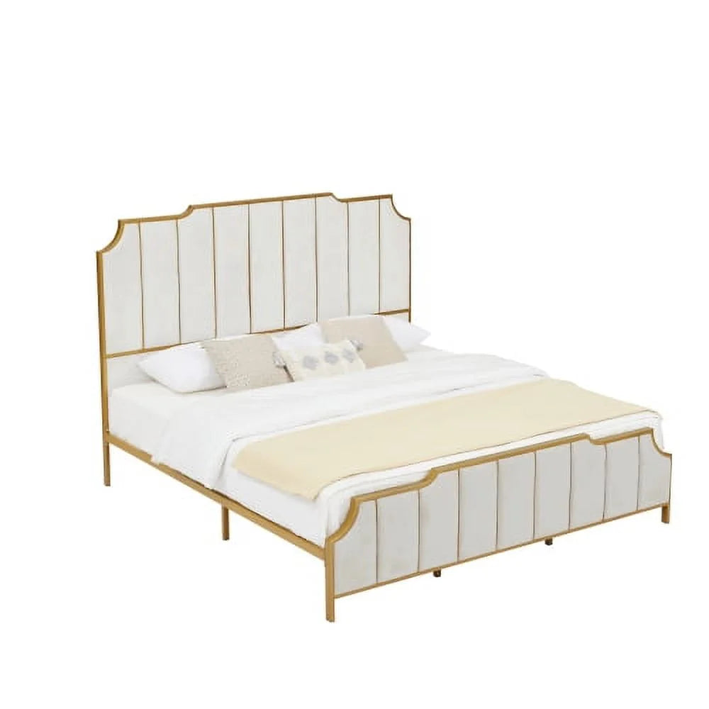 King Size Velvet White Upholstered Platform Bed Frame T2962