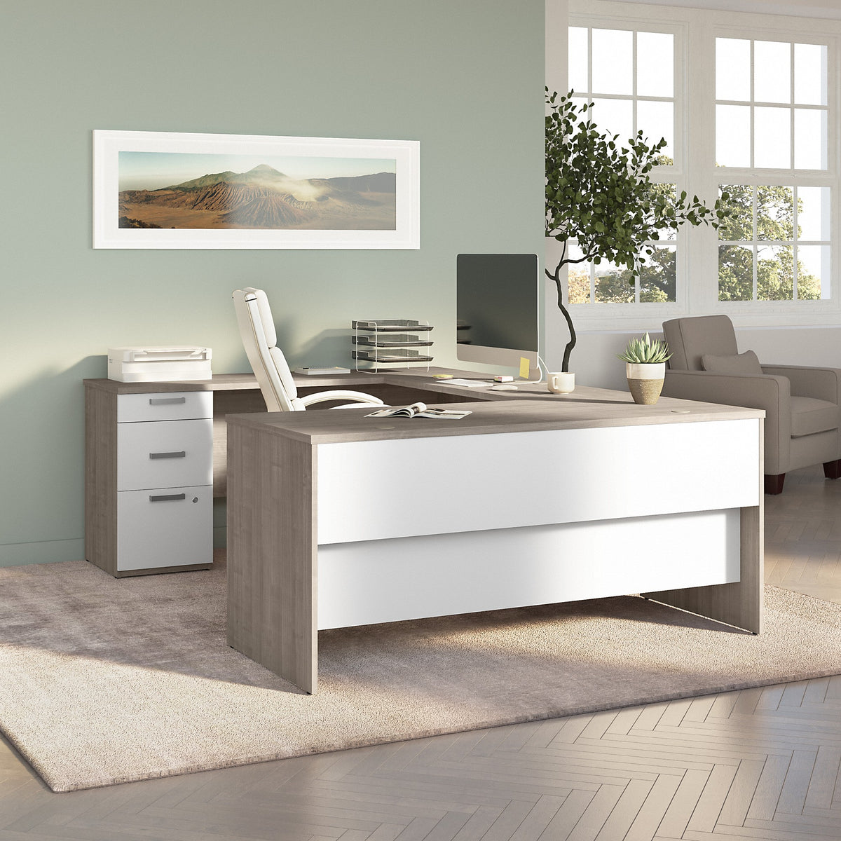 Silver Maple/Pure White U-Shaped Computer Desk T64690